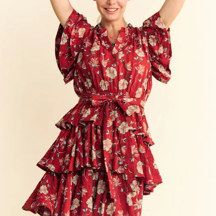 Davi & Dani Ruffle Flutter Sleeve Tie Belt Tiered Mini Dress - Image 2