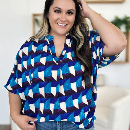 Double Take Full Size Geometric Notched Half Sleeve Blouse - Image 8