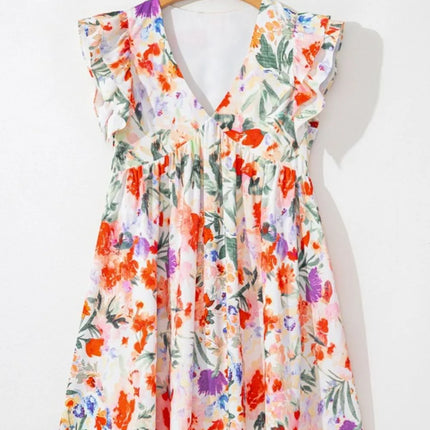 Floral Double Ruffle Sleeve V Neck Mini Dress - Image 5
