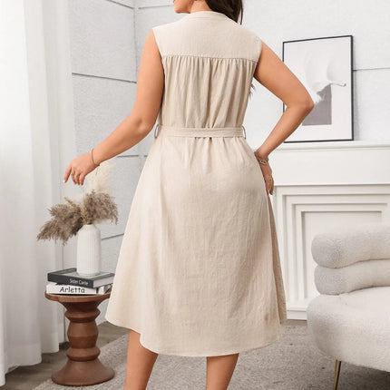 Plus Size Button Front Tie Waist Sleeveless Dress - Image 2