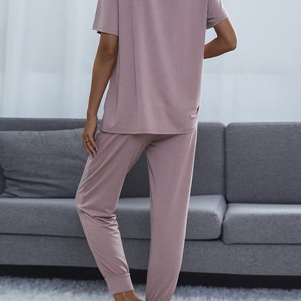 Shiny Round Neck Short Sleeve Top and Pants Set - Image 12