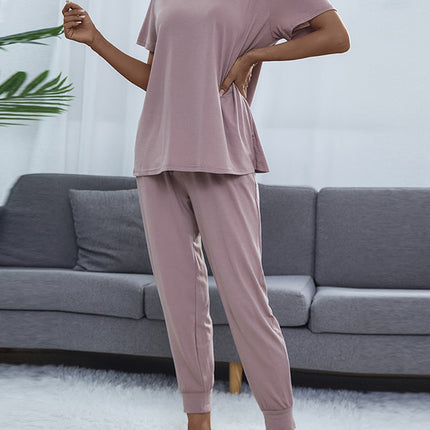 Shiny Round Neck Short Sleeve Top and Pants Set - Image 10