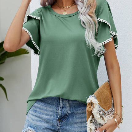Pom-Pom Trim Flutter Sleeve Round Neck Tee - Image 20