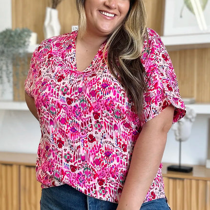 Double Take Full Size Printed V-Neck Short Sleeve Blouse - Image 8