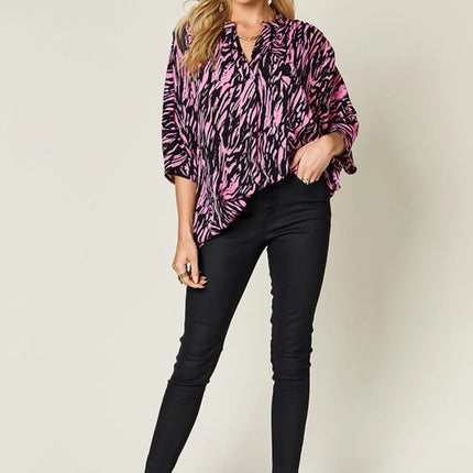Double Take Full Size Printed Notched Three-Quarter Sleeve Blouse - Image 4