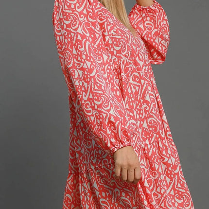 Umgee Full Size Two Tone Print Balloon Sleeve Tiered Dress Plus Size - Image 5