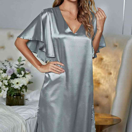 Satin Flutter Sleeve Side Slit V-Neck Night Dress - Image 19
