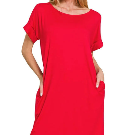 Zenana Rolled Short Sleeve Round Neck Dress - Image 1
