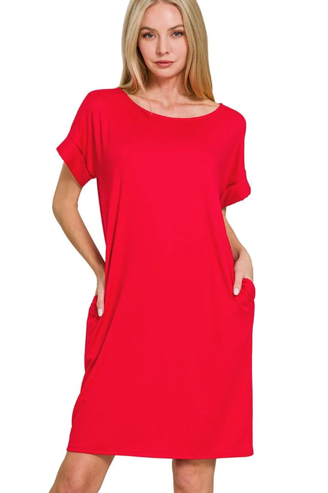 Zenana Rolled Short Sleeve Round Neck Dress