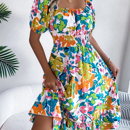 Ruffled Hem Smocked Floral Short Sleeve Midi Dress - Image 10