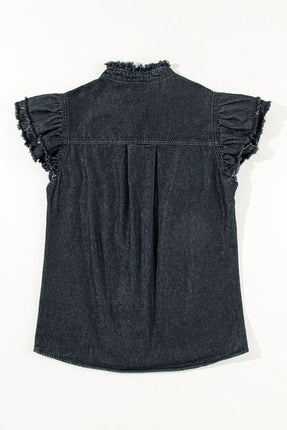 Button Down Raw Hem Ruffled Denim Shirt - Image 13