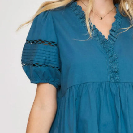 Umgee USA Full Size Lace Detail Puff Sleeve Mini Dress Plus Size - Image 2