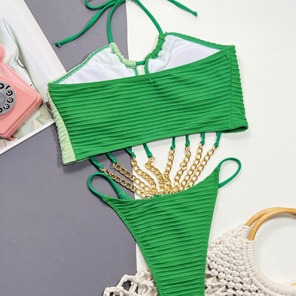 Contrast Halter Neck Chain Detail One-Piece Swimsuit - Image 3