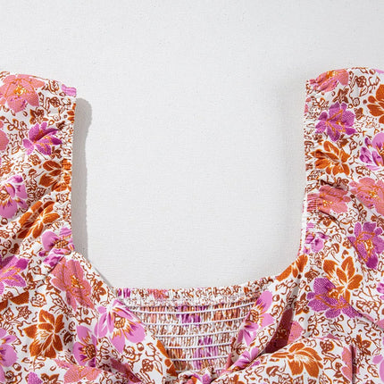 Floral Square Neck Knotted Ruffle Midi Dress - Image 8