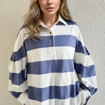 Oh Pima Cotton Wash Wide Striped Collared Neck Long Sleeve Top - Image 1