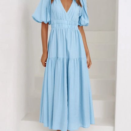 V-Neck Puff Sleeve Midi Dress - Image 2