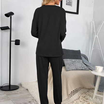 Shiny Round Neck Top and Drawstring Pants Lounge Set - Image 4