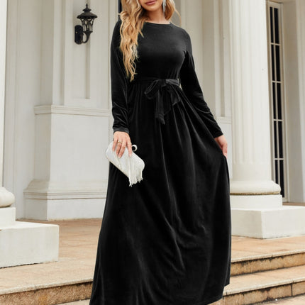 Tie Front Round Neck Long Sleeve Maxi Dress - Image 18