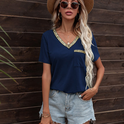 Glitter V-Neck Short Sleeve Tee Shirt - Image 17