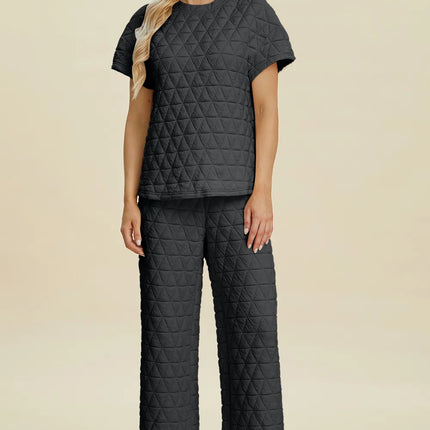 Double Take Full Size Texture Round Neck Short Sleeve Top and Pants Set - Image 1