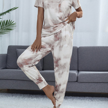 Shiny Tie-Dye Round Neck Short Sleeve Top and Pants Lounge Set - Image 3