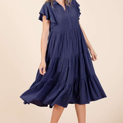 Mittoshop Ruffle Sleeve Collared V Neck Tiered Midi Dress - Image 3