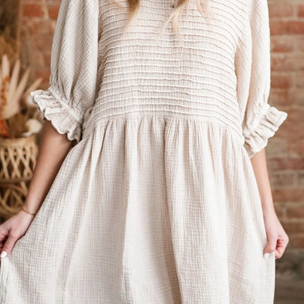 Textured Ruffled Puff Sleeve Loose Dress - Image 5