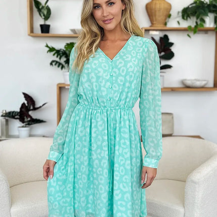 Double Take Full Size Printed Ruched V-Neck Long Sleeve Dress - Image 12