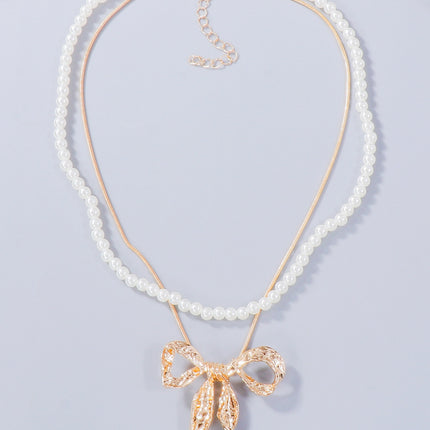 Synthetic Pearl Necklace, Bow Necklace and Bow Earrings Jewelry Set - Image 5