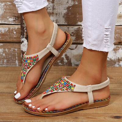 PU Leather Beaded Flat Sandals - Image 2