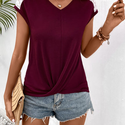 Ivy Lane Spliced Lace V-Neck Twisted Hem Tee - Image 7