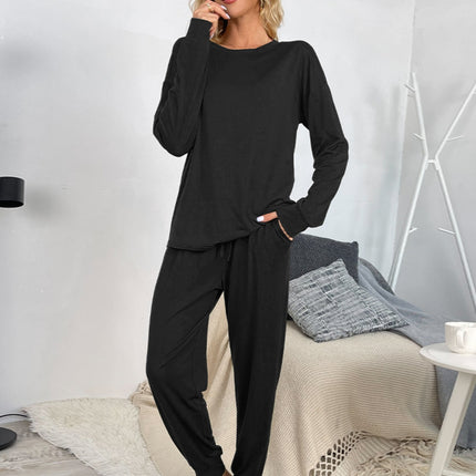 Shiny Round Neck Top and Drawstring Pants Lounge Set - Image 3