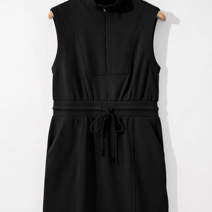 French Terry Zipped Collar Sleeveless Drawstring Waist Mini Dress - Image 6