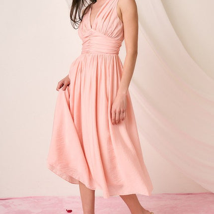 Mittoshop Ruched V-Neck Sleeveless Midi Dress - Image 3