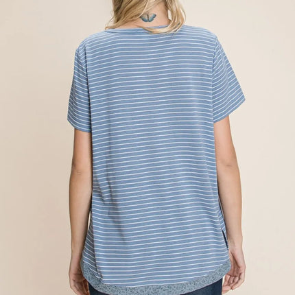 Cotton Bleu by Nu Lab Slit Striped Notched Short Sleeve T-Shirt - Image 2