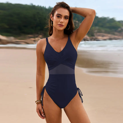Drawstring Ruched V-Neck One-Piece Swimwear - Image 1