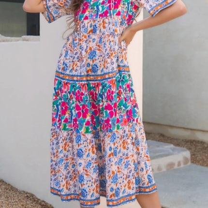 Mixed Floral Print Tie Neck Short Sleeve Dress - Image 2
