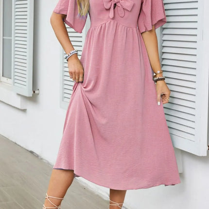 Smocked Tie Front Flutter Sleeve Midi Dress - Image 3