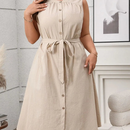 Plus Size Button Front Tie Waist Sleeveless Dress - Image 4
