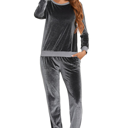 Round Neck Long Sleeve Loungewear Set with Pockets - Image 3