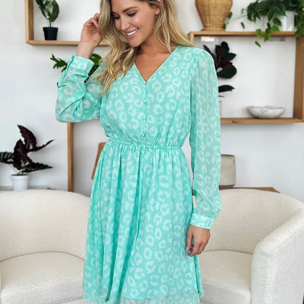 Double Take Full Size Printed Ruched V-Neck Long Sleeve Dress - Image 14