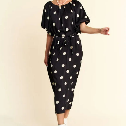 Davi & Dani Polka Dot Puff Sleeves Waist Tie Midi Dress - Image 9