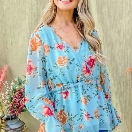 And The Why Floral Print Draw String Bell Sleeve Top - Image 1