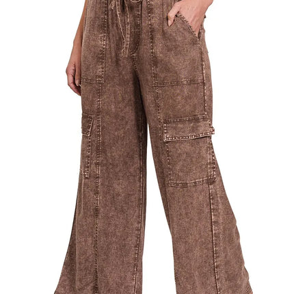 Zenana Washed Linen Elastic Band Waist Cargo Pants - Image 1