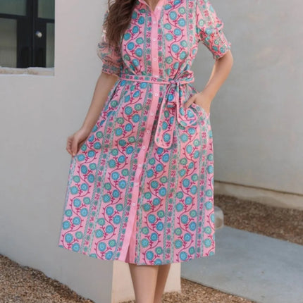 Printed Shirred Sleeve Buttoned Front Midi Dress with Sash - Image 1