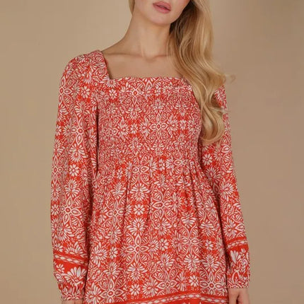 VERY J Printed Smocked Chest Boho Mini Dress - Image 2