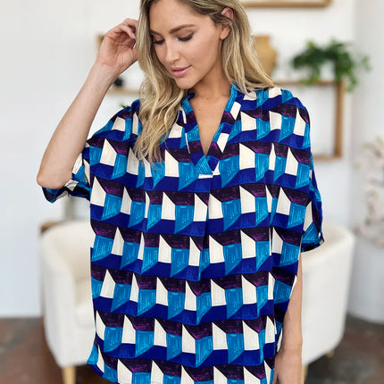 Double Take Full Size Geometric Notched Half Sleeve Blouse - Image 13