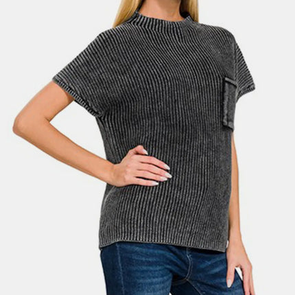Zenana Pocketed Mock Neck Short Sleeve Sweater - Image 2