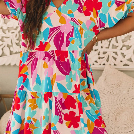 Floral Bubble Sleeve V Neck Tiered Ruffle Babydoll Dress - Image 6