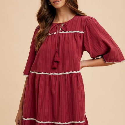 Annie Wear Tassel Contrast Trim Tie Neck Half Sleeve Tiered Dress - Image 1